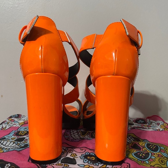 Neon Orange Strappy Block Heels / Dolls Kill - Picture 5 of 6
